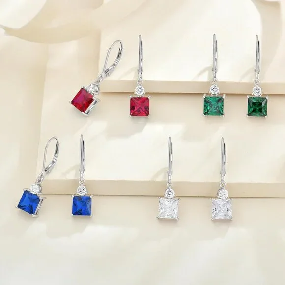 Princess Emerald Cut Dangle Earrings for Women, Solid 925 Sterling Silver 18K Wh